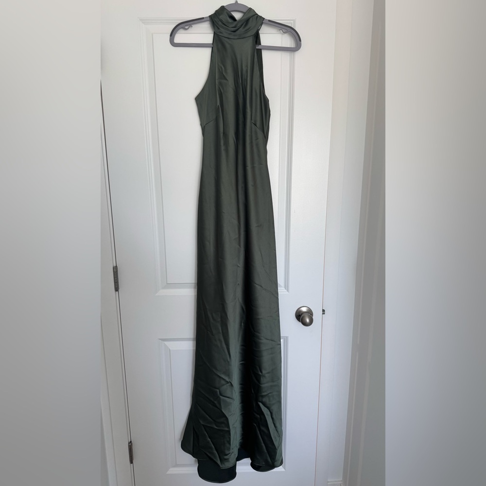 NEW AQUA Olive Green Halter Sleeveless Satin Gown - Size 2 - Picture 7 of 12
